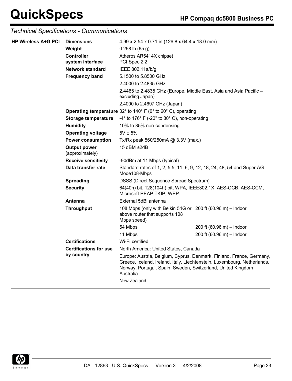 Quickspecs | HP DC5800 User Manual | Page 23 / 44
