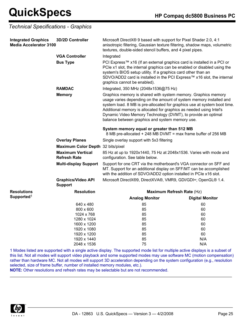 Technical specifications - graphics, Quickspecs | HP DC5800 User Manual | Page 25 / 44