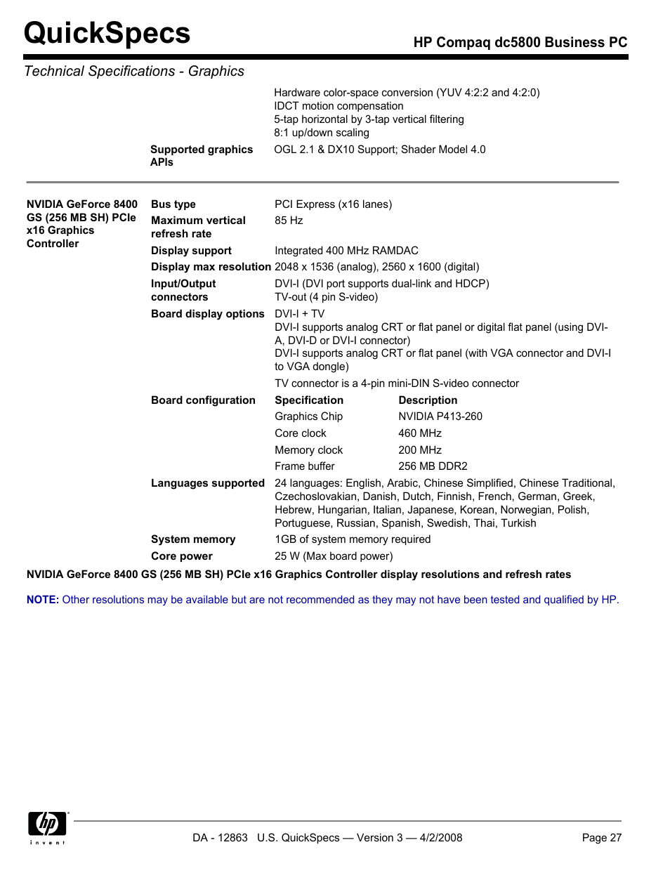 Quickspecs | HP DC5800 User Manual | Page 27 / 44