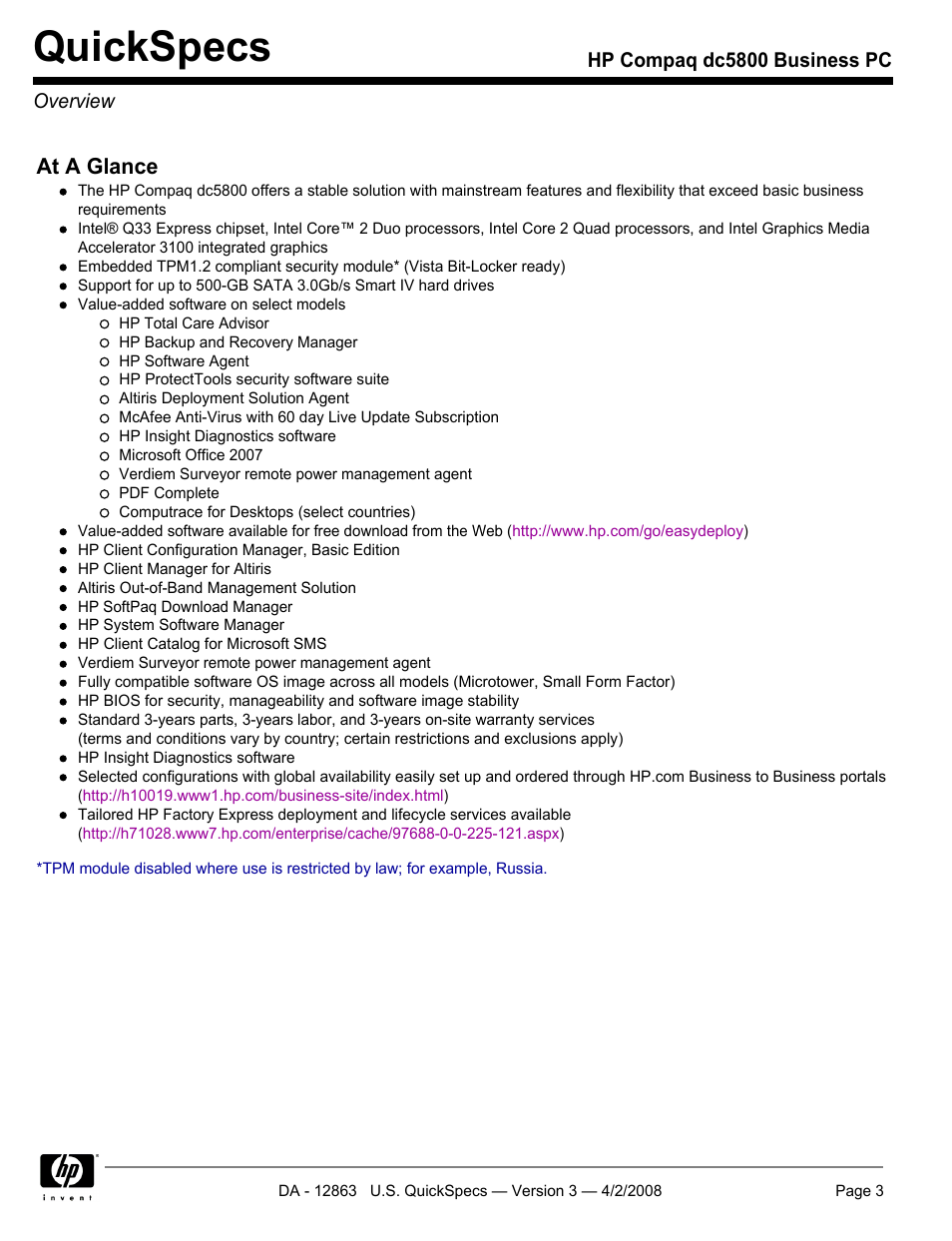 Quickspecs, At a glance | HP DC5800 User Manual | Page 3 / 44