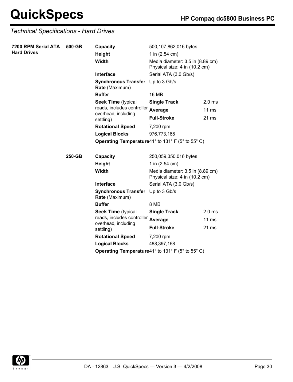 Technical specifications - hard drives, Quickspecs | HP DC5800 User Manual | Page 30 / 44