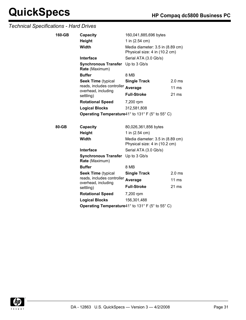Quickspecs | HP DC5800 User Manual | Page 31 / 44