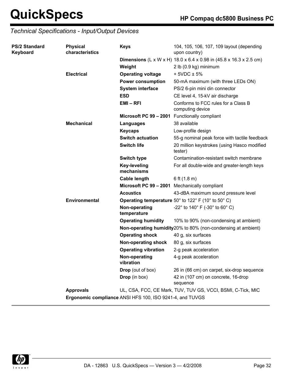 Technical specifications - input/output devices, Quickspecs | HP DC5800 User Manual | Page 32 / 44