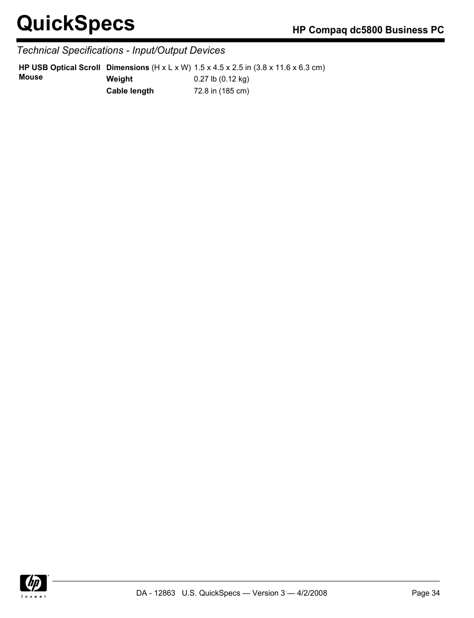 Quickspecs | HP DC5800 User Manual | Page 34 / 44
