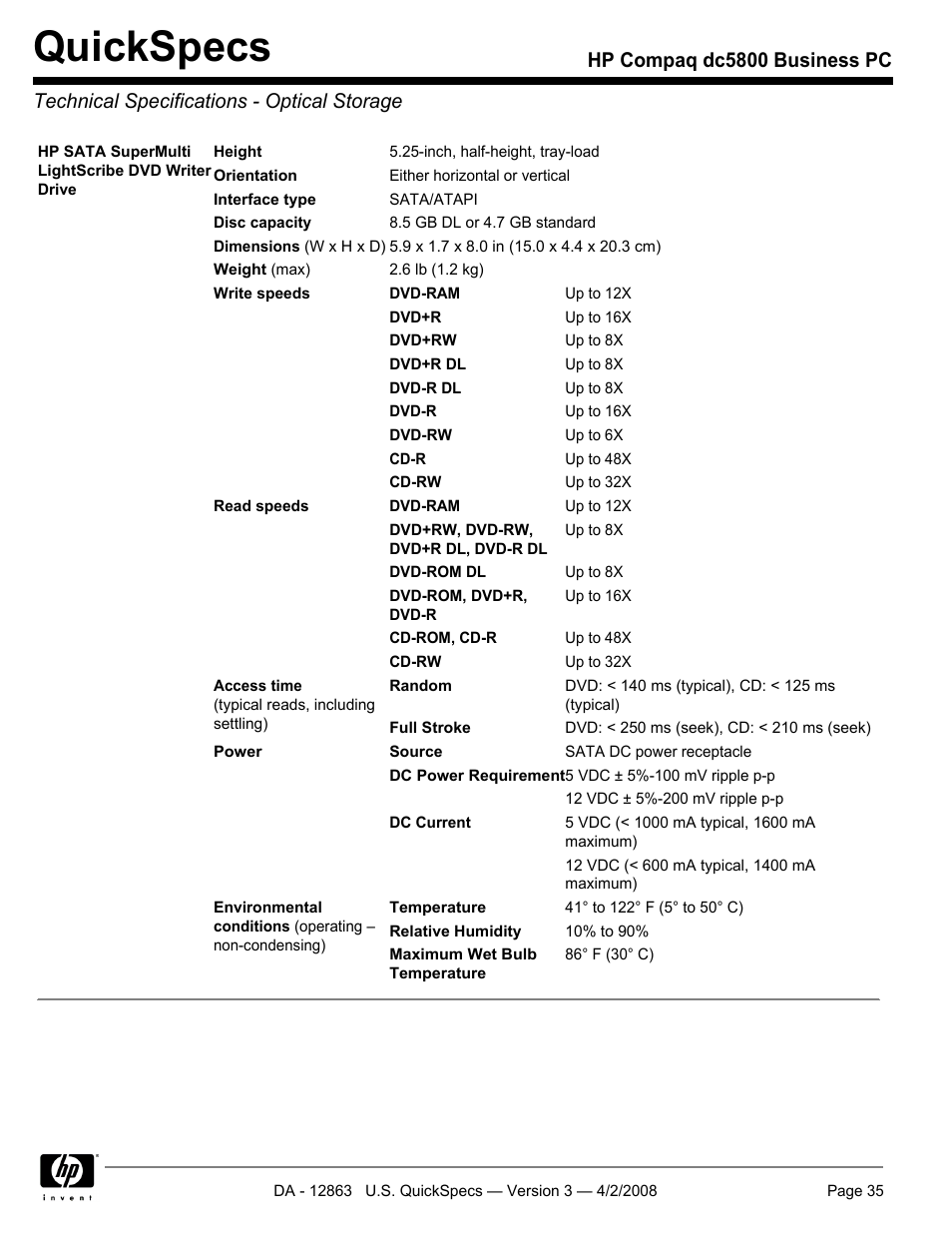 Technical specifications - optical storage, Quickspecs | HP DC5800 User Manual | Page 35 / 44