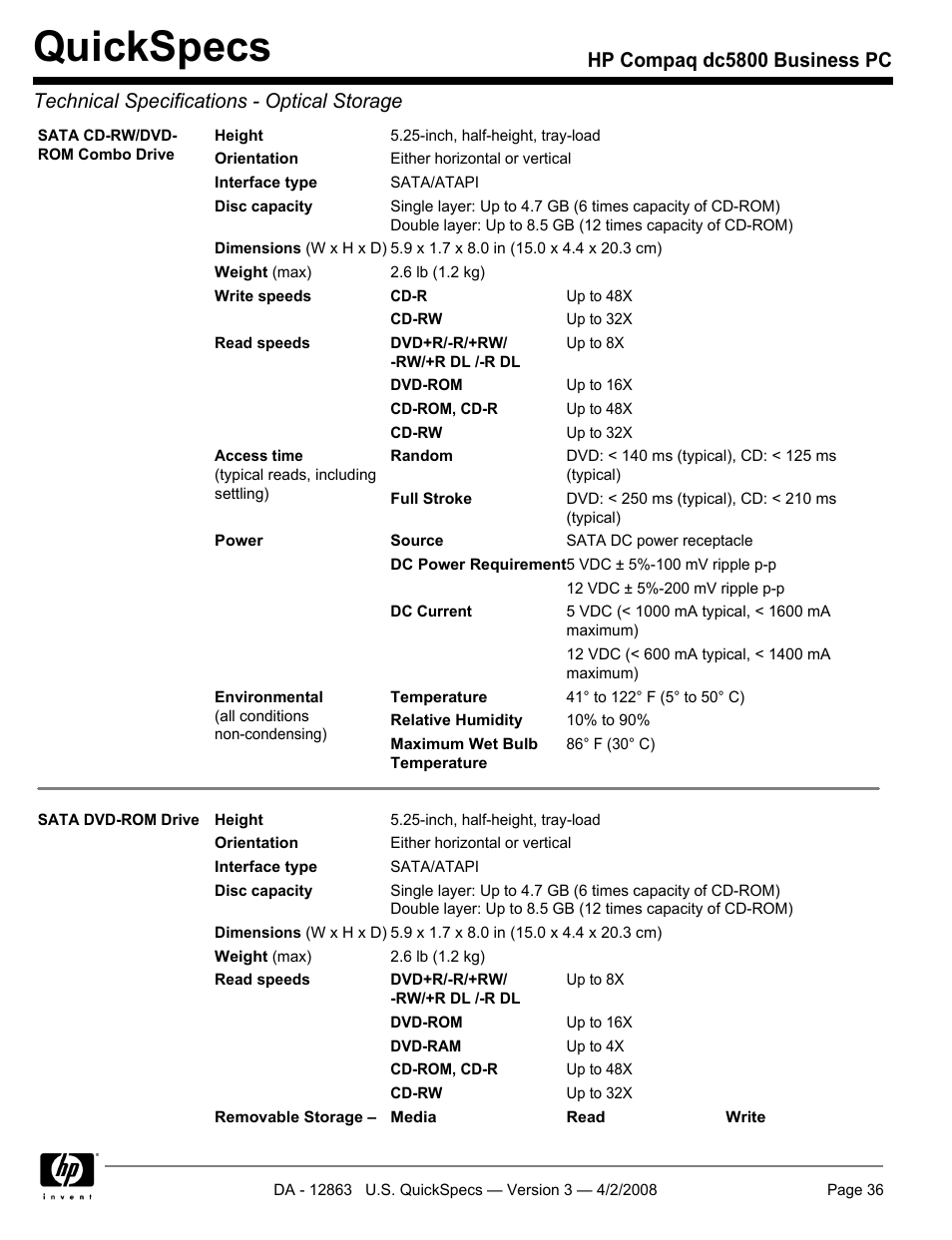 Quickspecs | HP DC5800 User Manual | Page 36 / 44