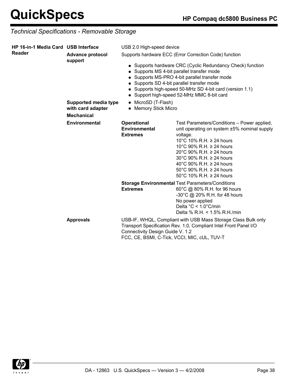 Technical specifications - removable storage, Quickspecs | HP DC5800 User Manual | Page 38 / 44