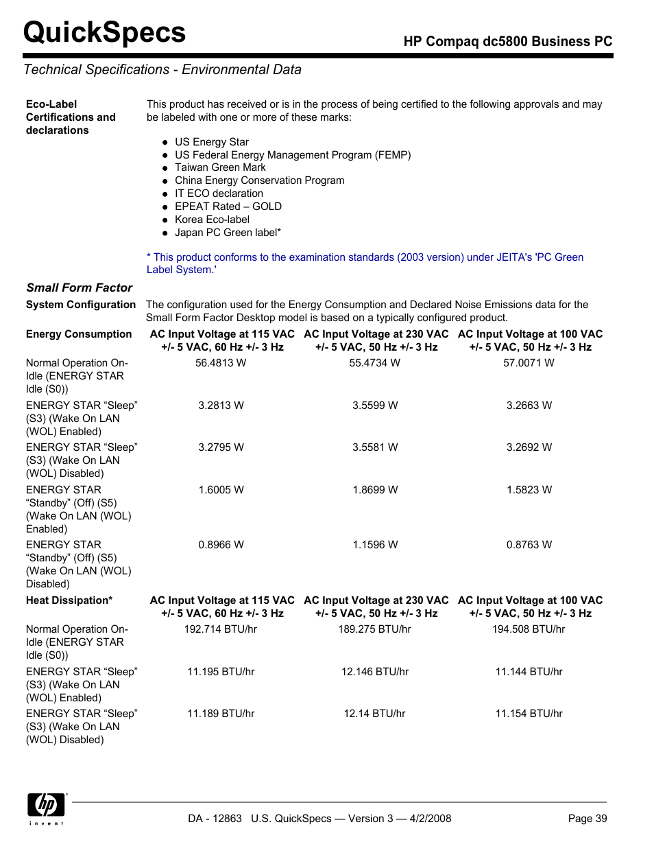 Technical specifications - environmental data, Quickspecs | HP DC5800 User Manual | Page 39 / 44