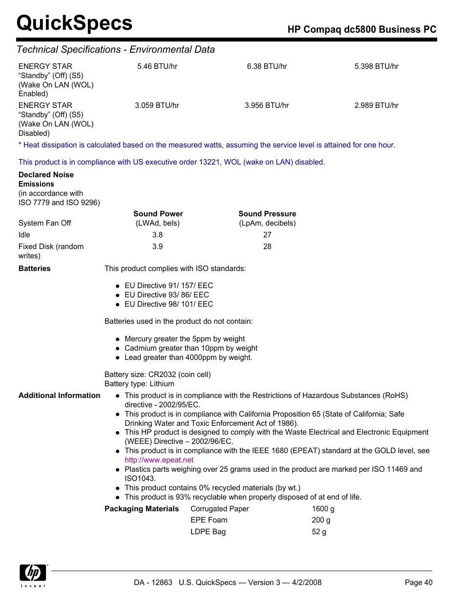 Quickspecs | HP DC5800 User Manual | Page 40 / 44