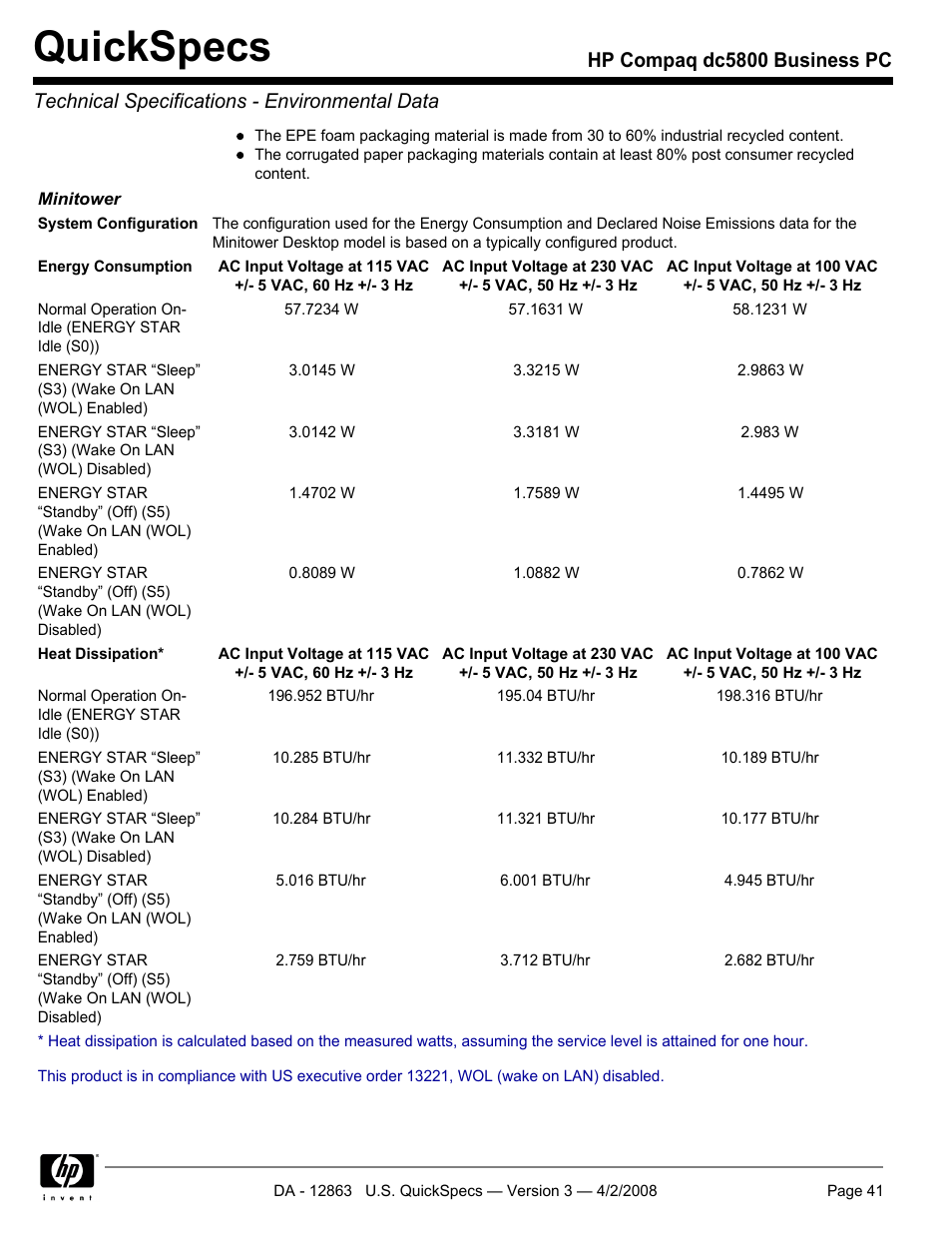 Quickspecs | HP DC5800 User Manual | Page 41 / 44