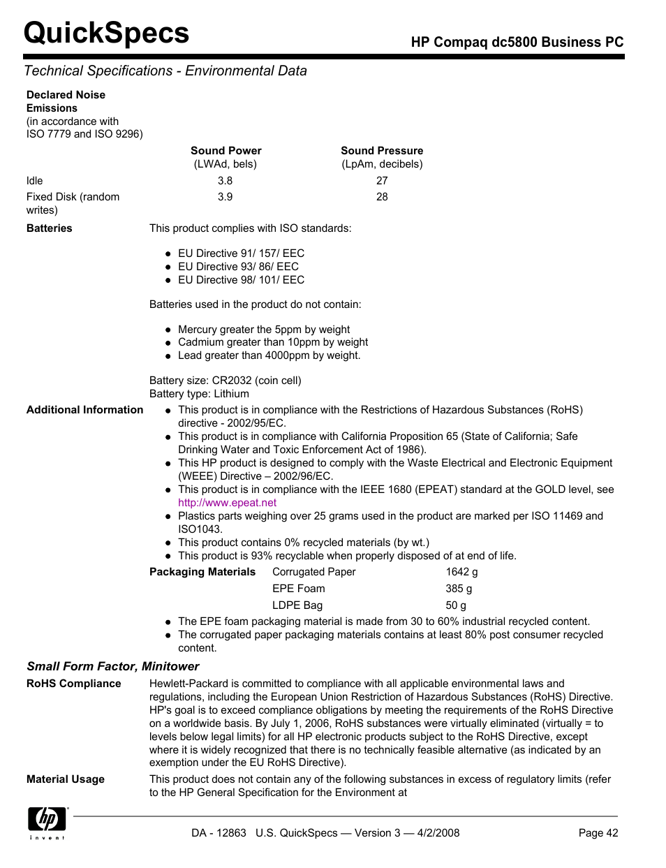 Quickspecs | HP DC5800 User Manual | Page 42 / 44