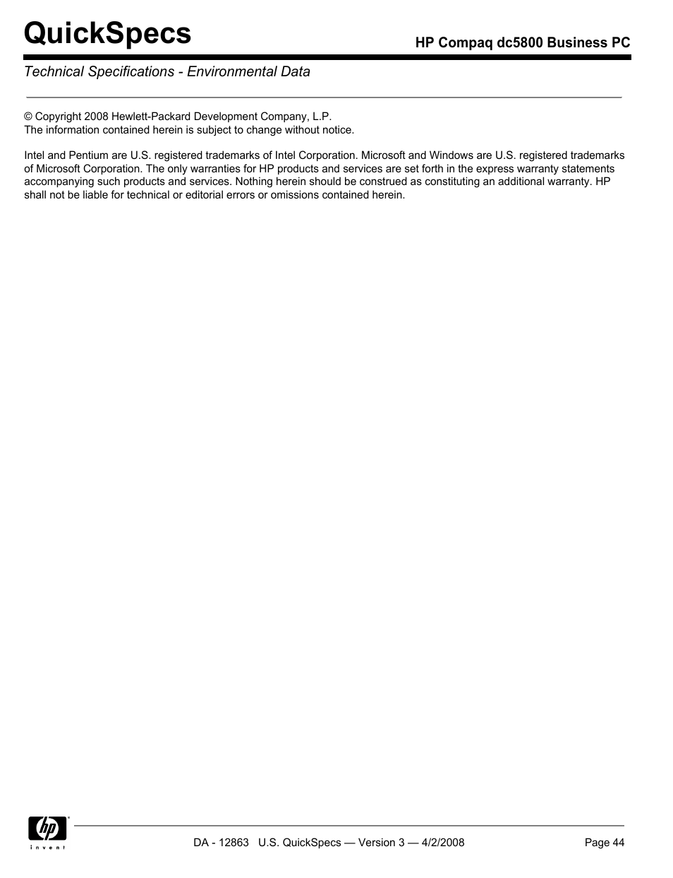 Quickspecs | HP DC5800 User Manual | Page 44 / 44
