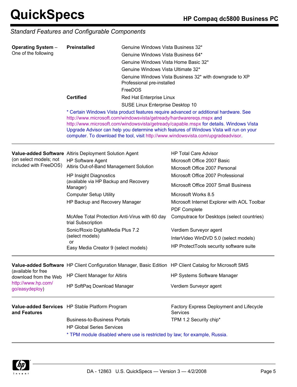 Standard features and configurable components, Quickspecs | HP DC5800 User Manual | Page 5 / 44