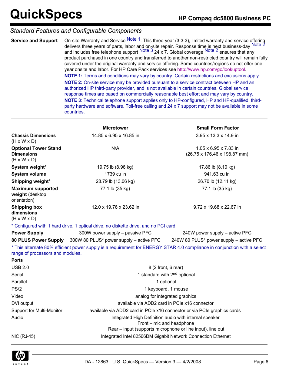 Quickspecs | HP DC5800 User Manual | Page 6 / 44