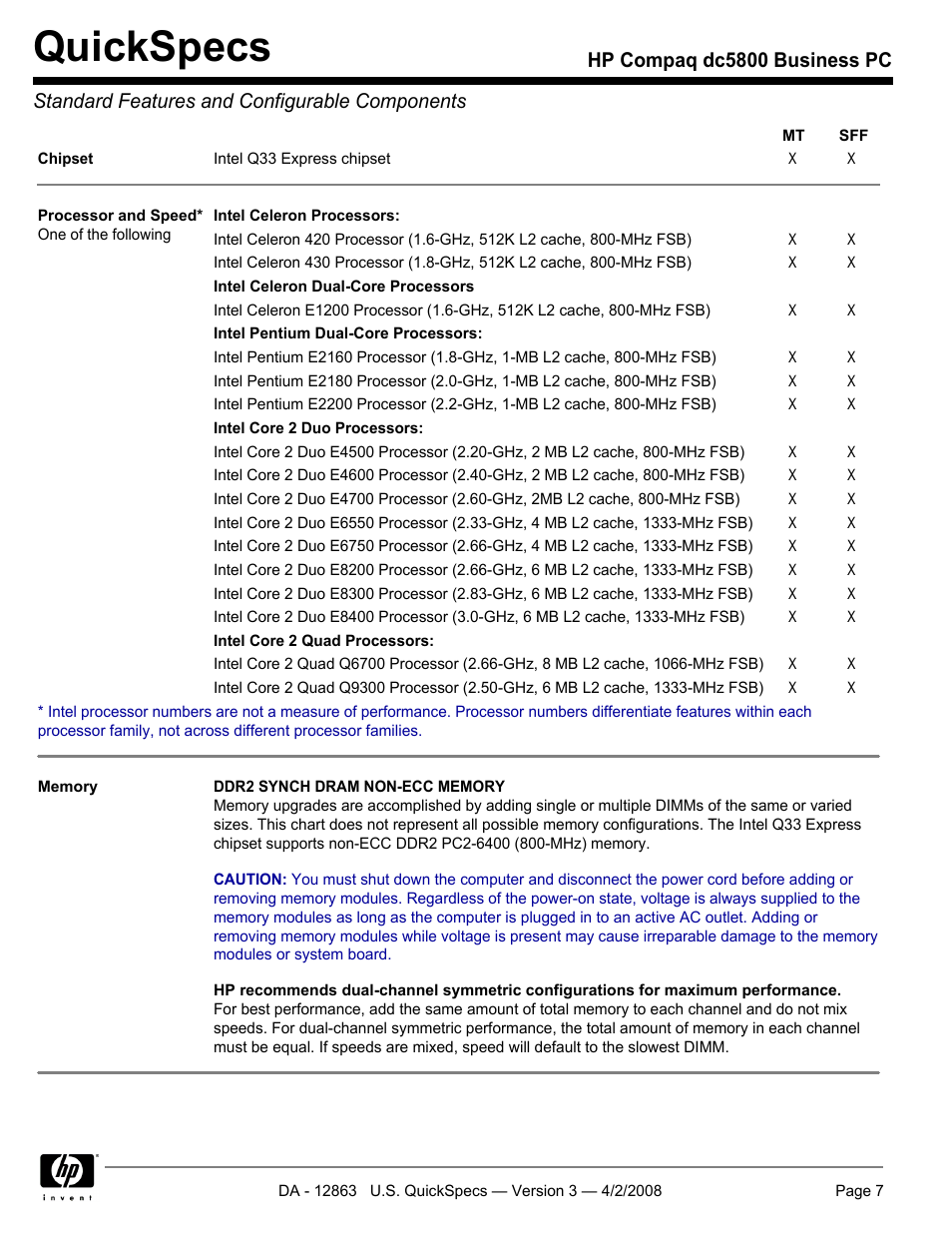 Quickspecs | HP DC5800 User Manual | Page 7 / 44