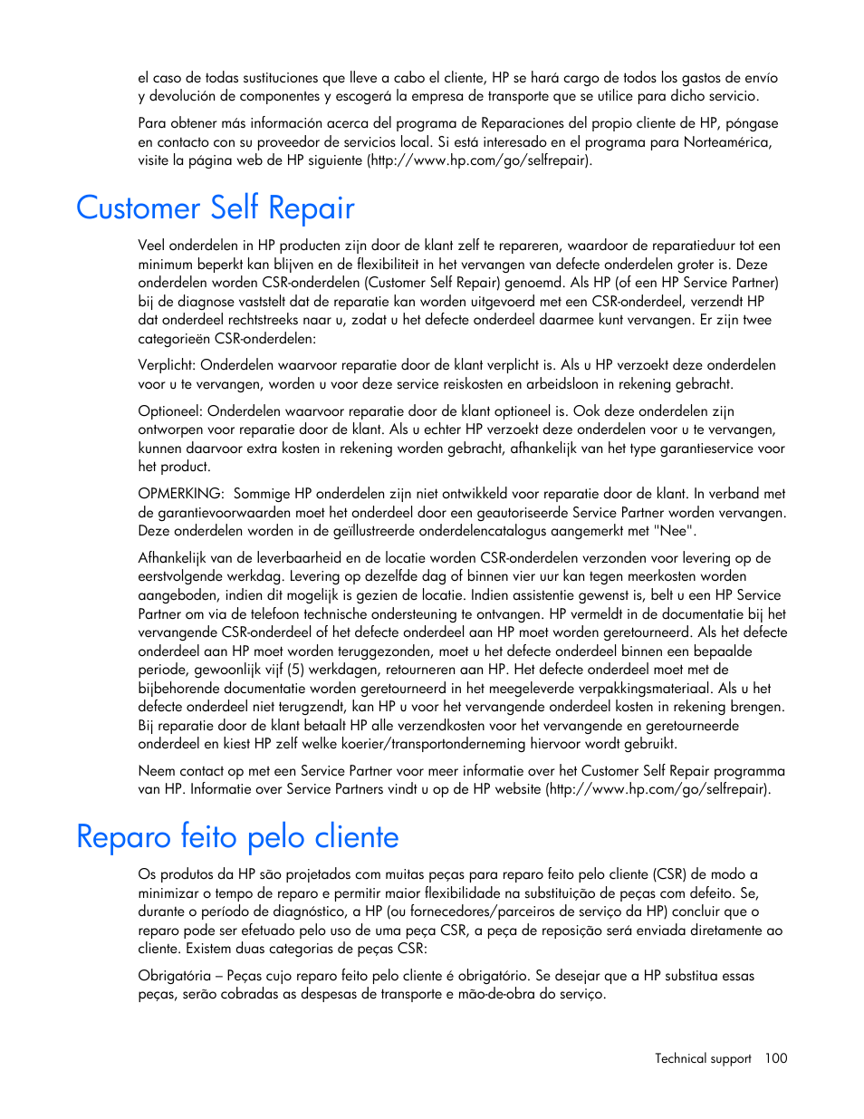 Cust, Repa, Omer self repair | Ro feito pelo cliente | HP ProLiant DL100 Series Server DL100 Series User Manual | Page 100 / 109