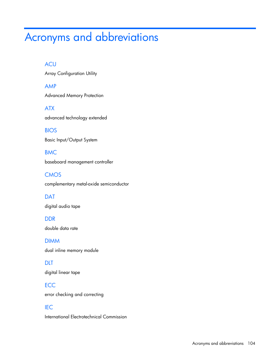 Acronyms and abbreviations | HP ProLiant DL100 Series Server DL100 Series User Manual | Page 104 / 109