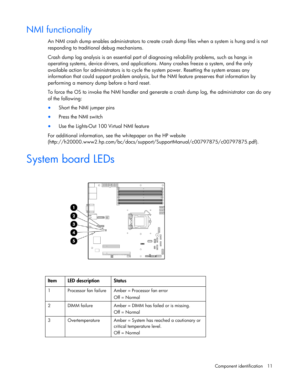 Nmi functionality, System board leds | HP ProLiant DL100 Series Server DL100 Series User Manual | Page 11 / 109