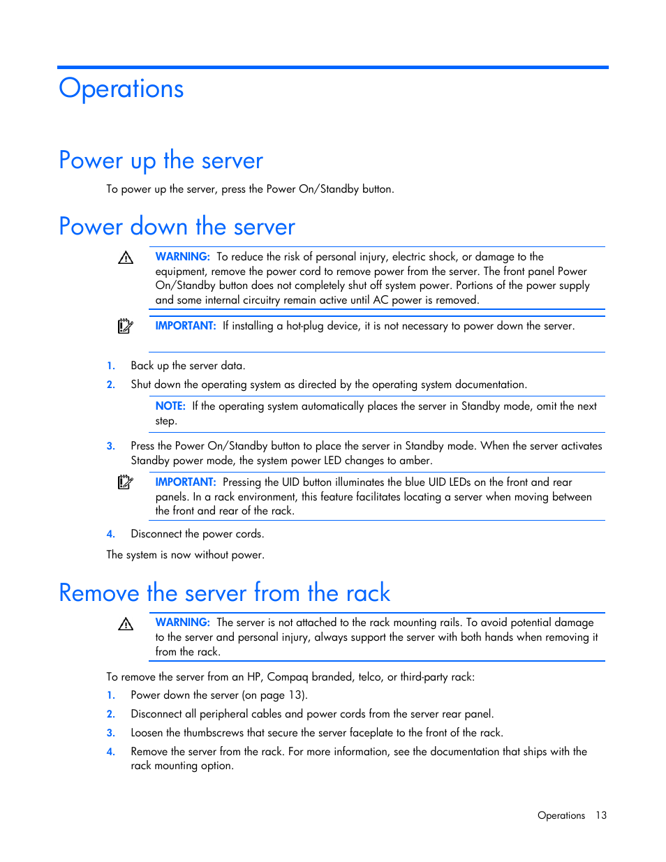 Operations, Power up the server, Power down the server | Remove the server from the rack | HP ProLiant DL100 Series Server DL100 Series User Manual | Page 13 / 109