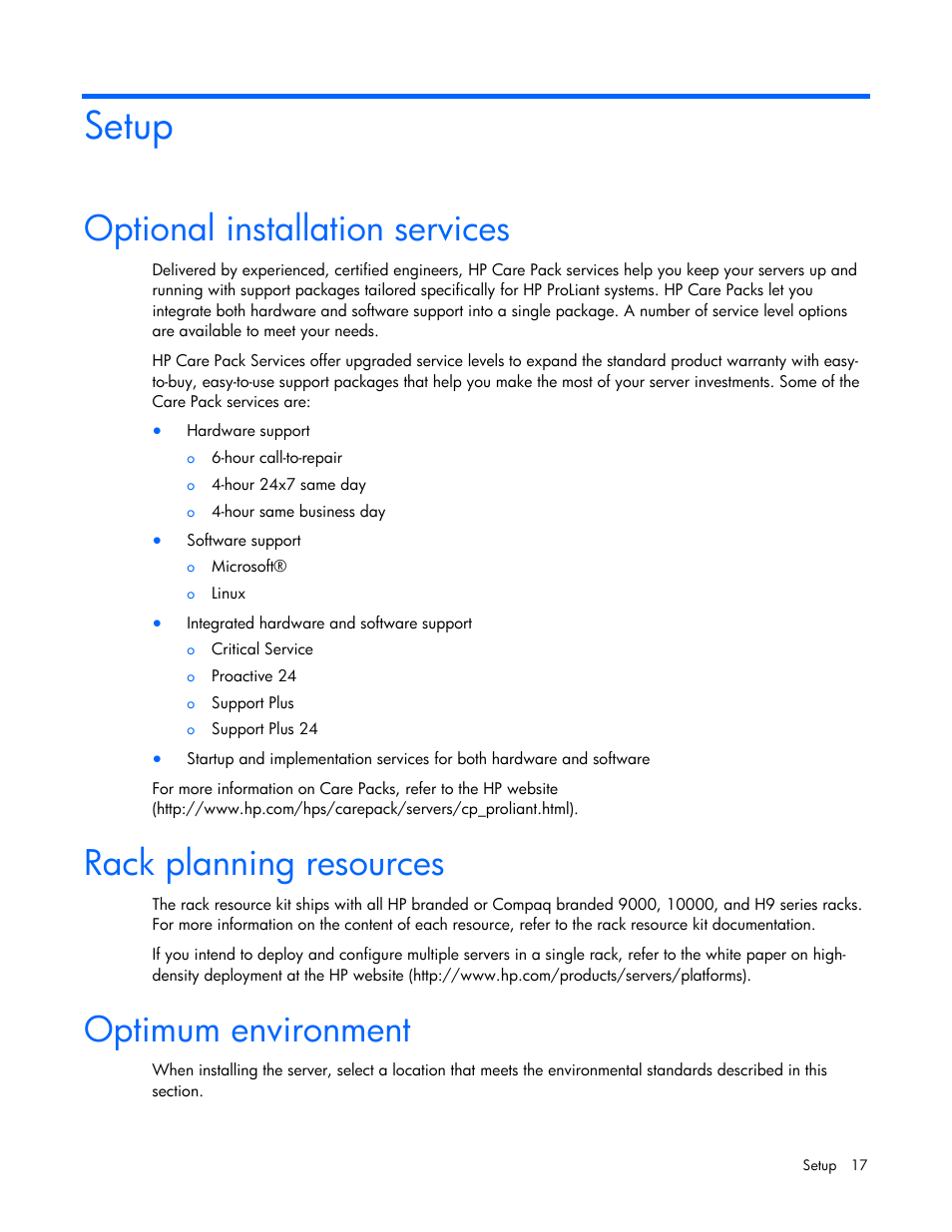 Setup, Optional installation services, Rack planning resources | Optimum environment | HP ProLiant DL100 Series Server DL100 Series User Manual | Page 17 / 109