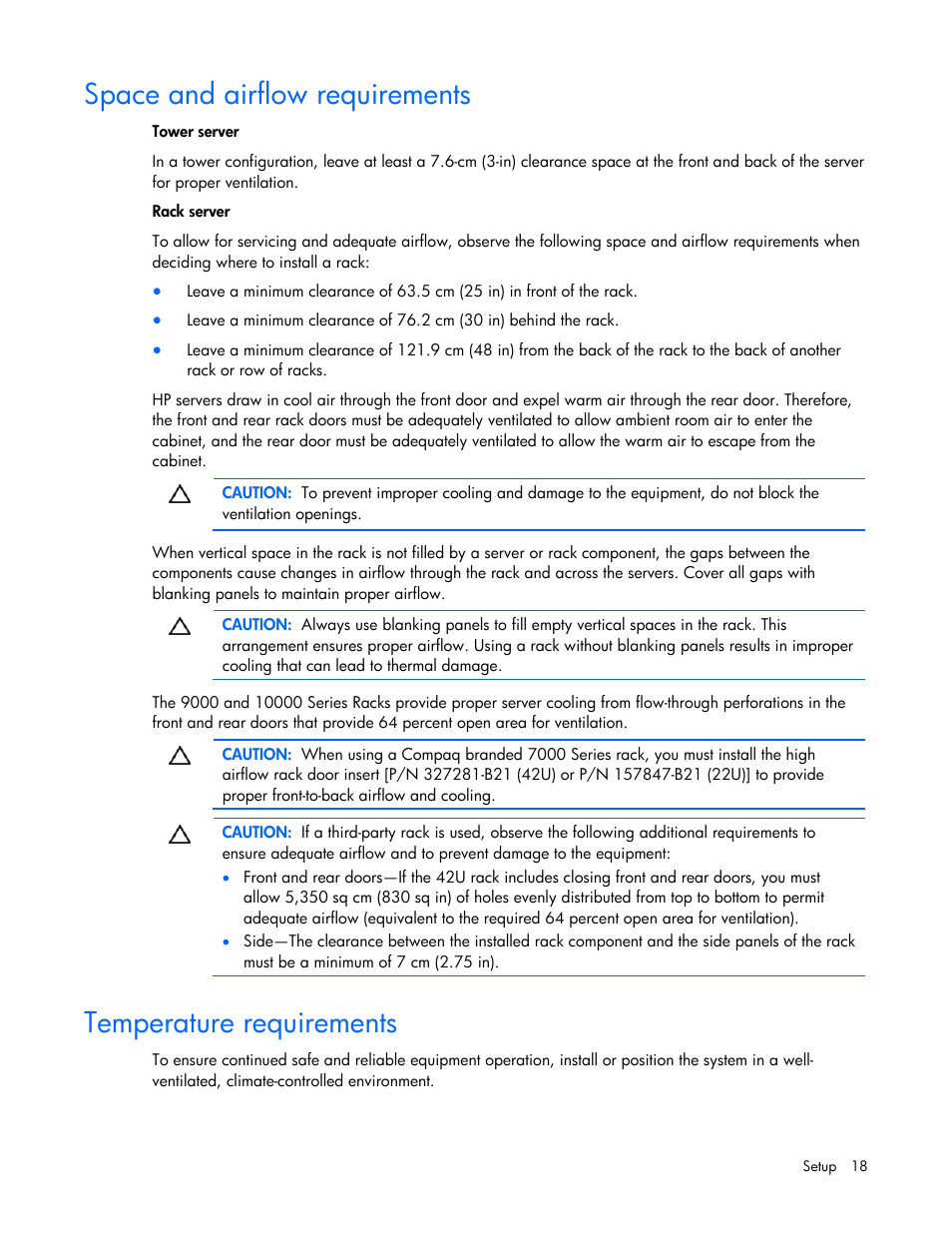Space and airflow requirements, Temperature requirements | HP ProLiant DL100 Series Server DL100 Series User Manual | Page 18 / 109