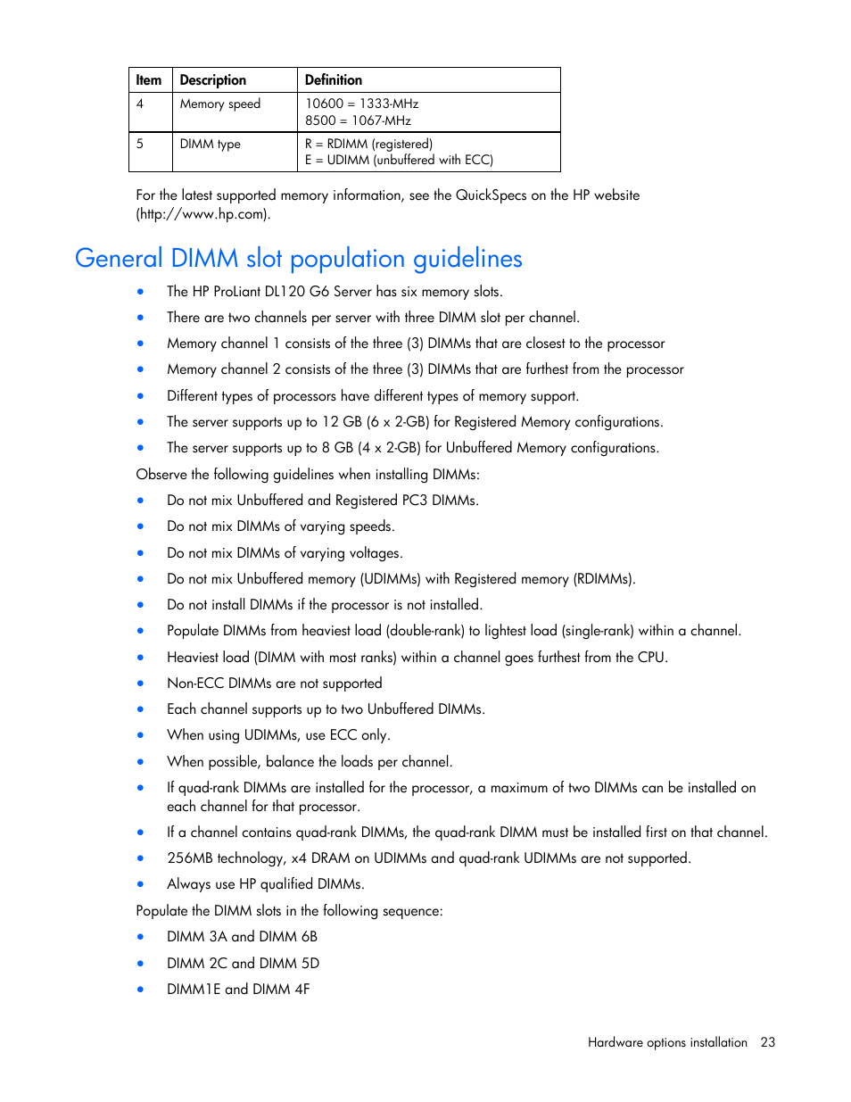General dimm slot population guidelines | HP ProLiant DL100 Series Server DL100 Series User Manual | Page 23 / 109