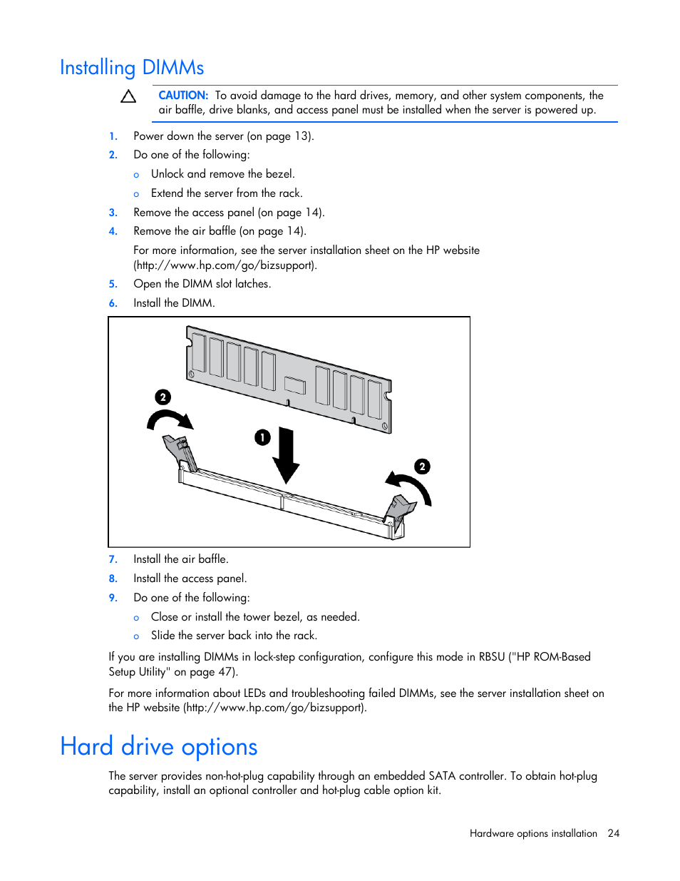 Installing dimms, Hard drive options, Hard | Drive options, Installi d, Ng imms | HP ProLiant DL100 Series Server DL100 Series User Manual | Page 24 / 109