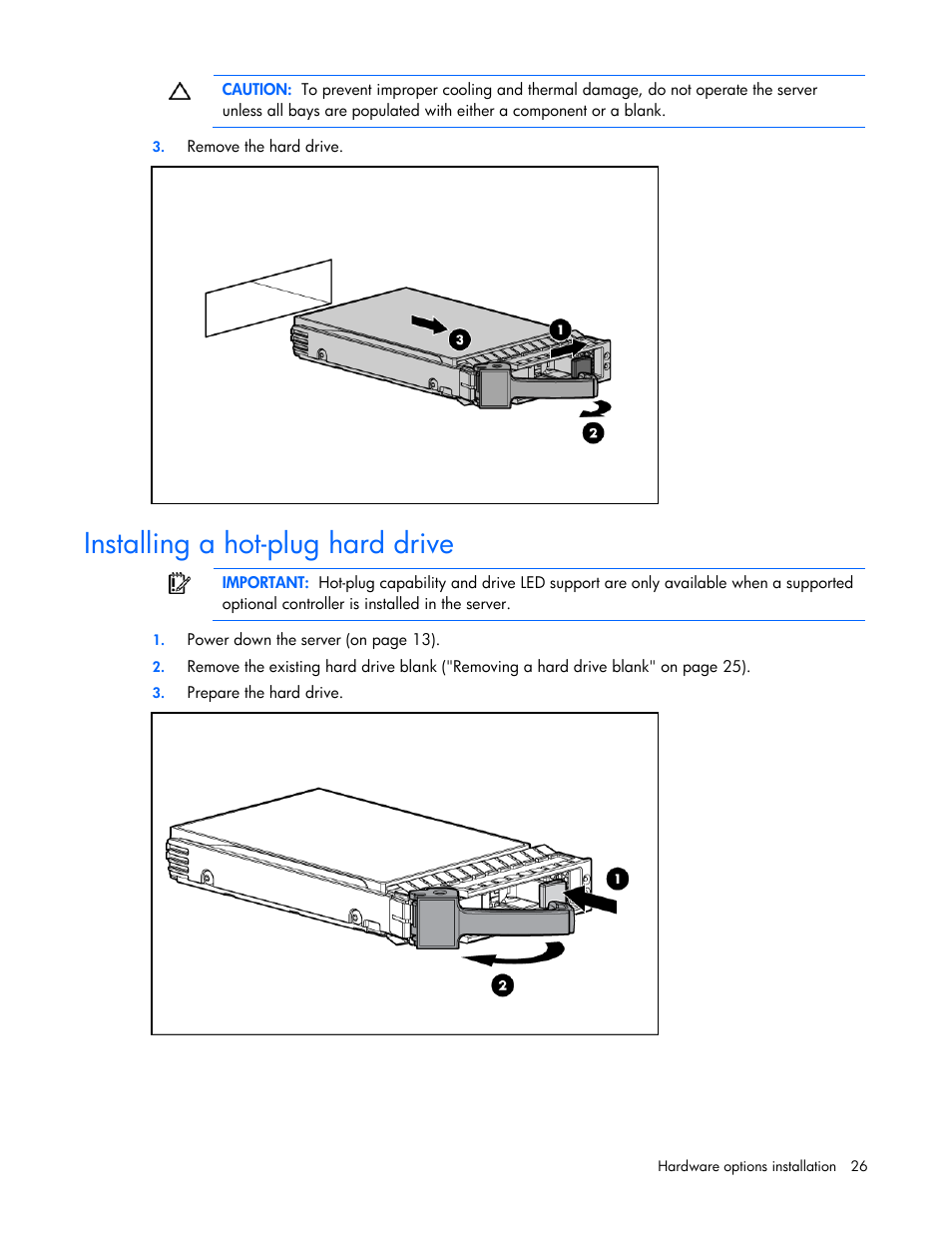 Installing a hot-plug hard drive | HP ProLiant DL100 Series Server DL100 Series User Manual | Page 26 / 109