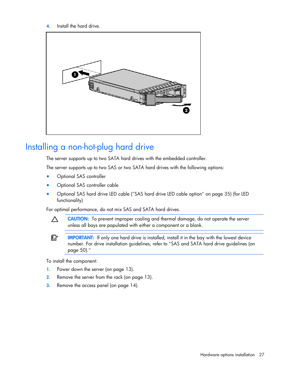 Installing a non-hot-plug hard drive | HP ProLiant DL100 Series Server DL100 Series User Manual | Page 27 / 109