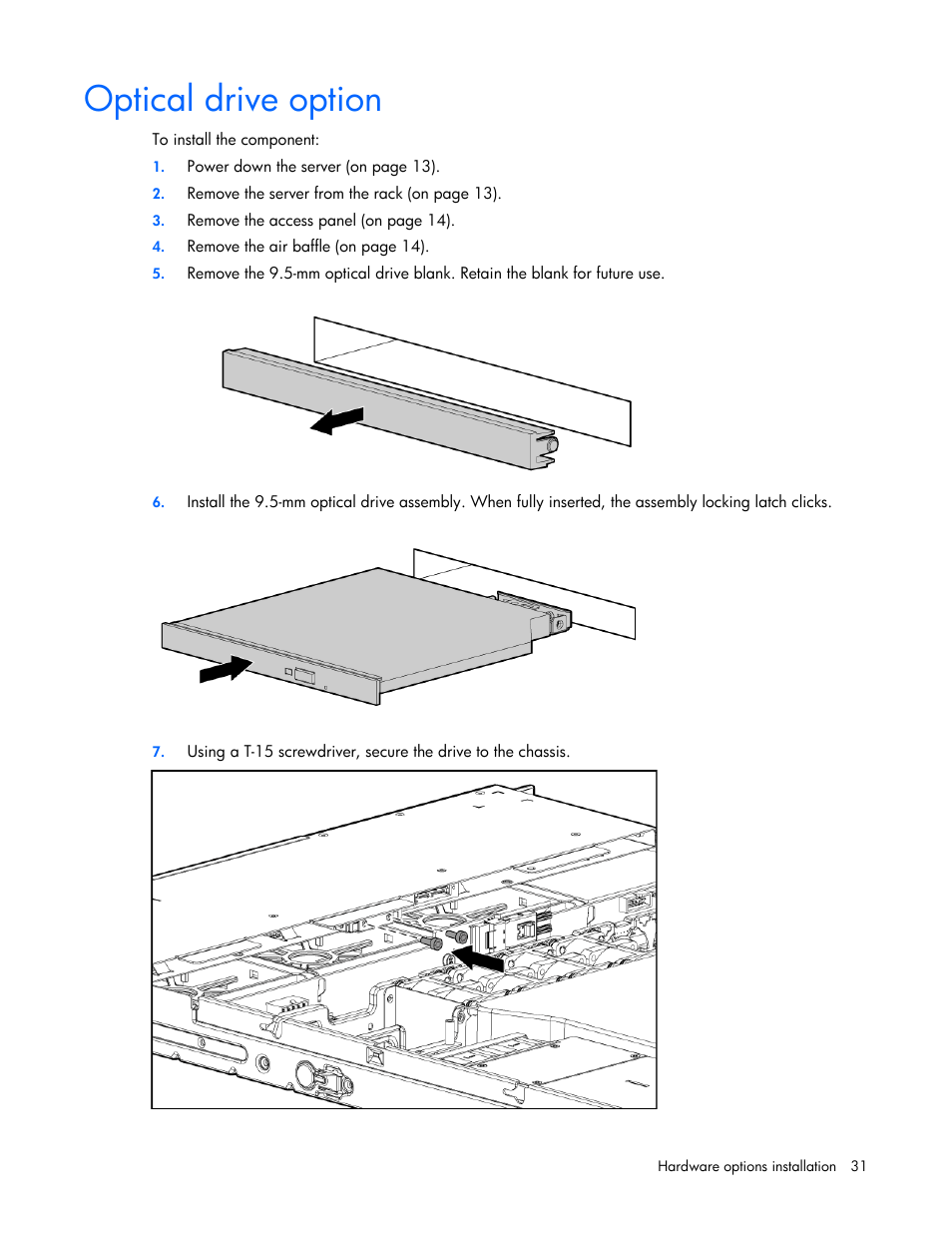 Optical drive option | HP ProLiant DL100 Series Server DL100 Series User Manual | Page 31 / 109