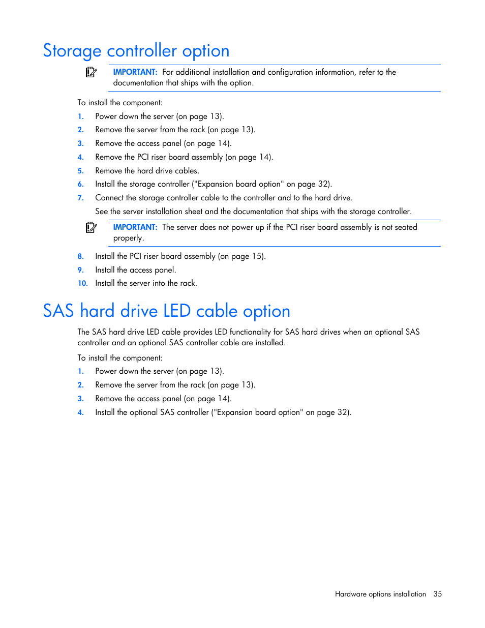 Storage controller option, Sas hard drive led cable option | HP ProLiant DL100 Series Server DL100 Series User Manual | Page 35 / 109