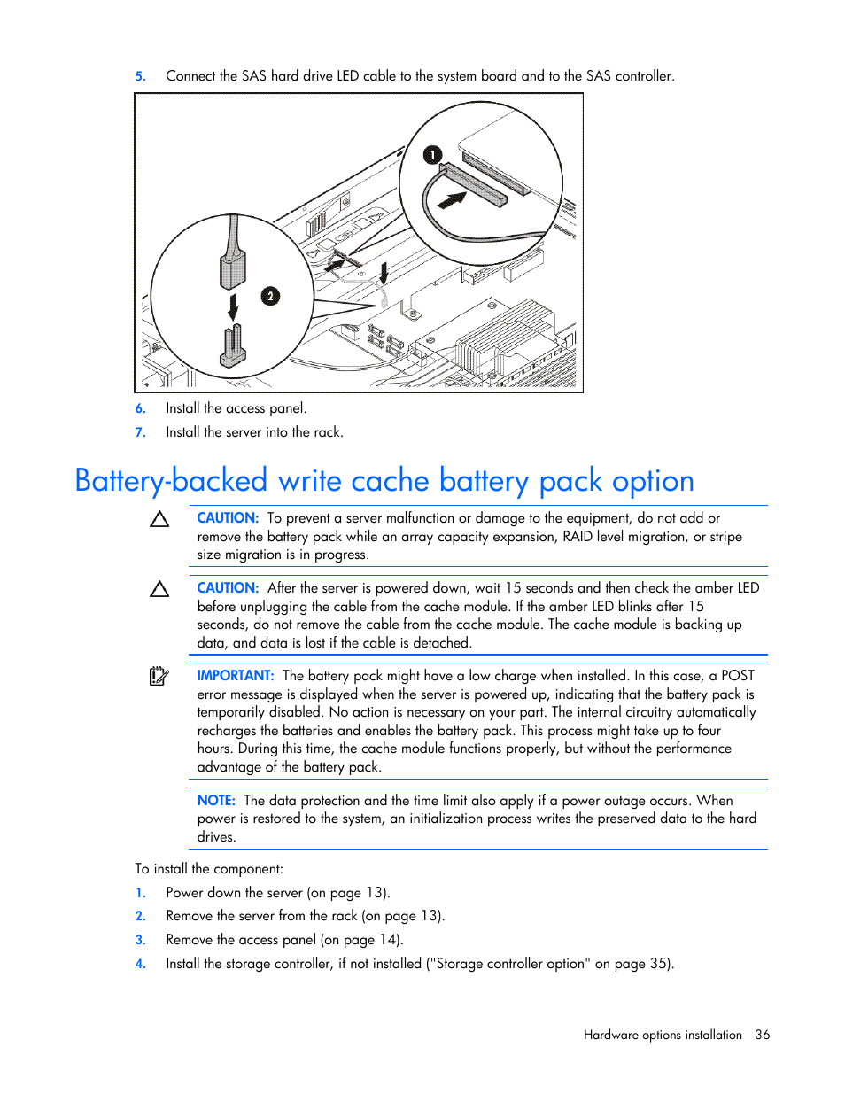 Battery-backed write cache battery pack option | HP ProLiant DL100 Series Server DL100 Series User Manual | Page 36 / 109