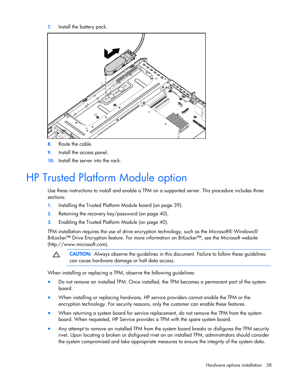 Hp trusted platform module option | HP ProLiant DL100 Series Server DL100 Series User Manual | Page 38 / 109