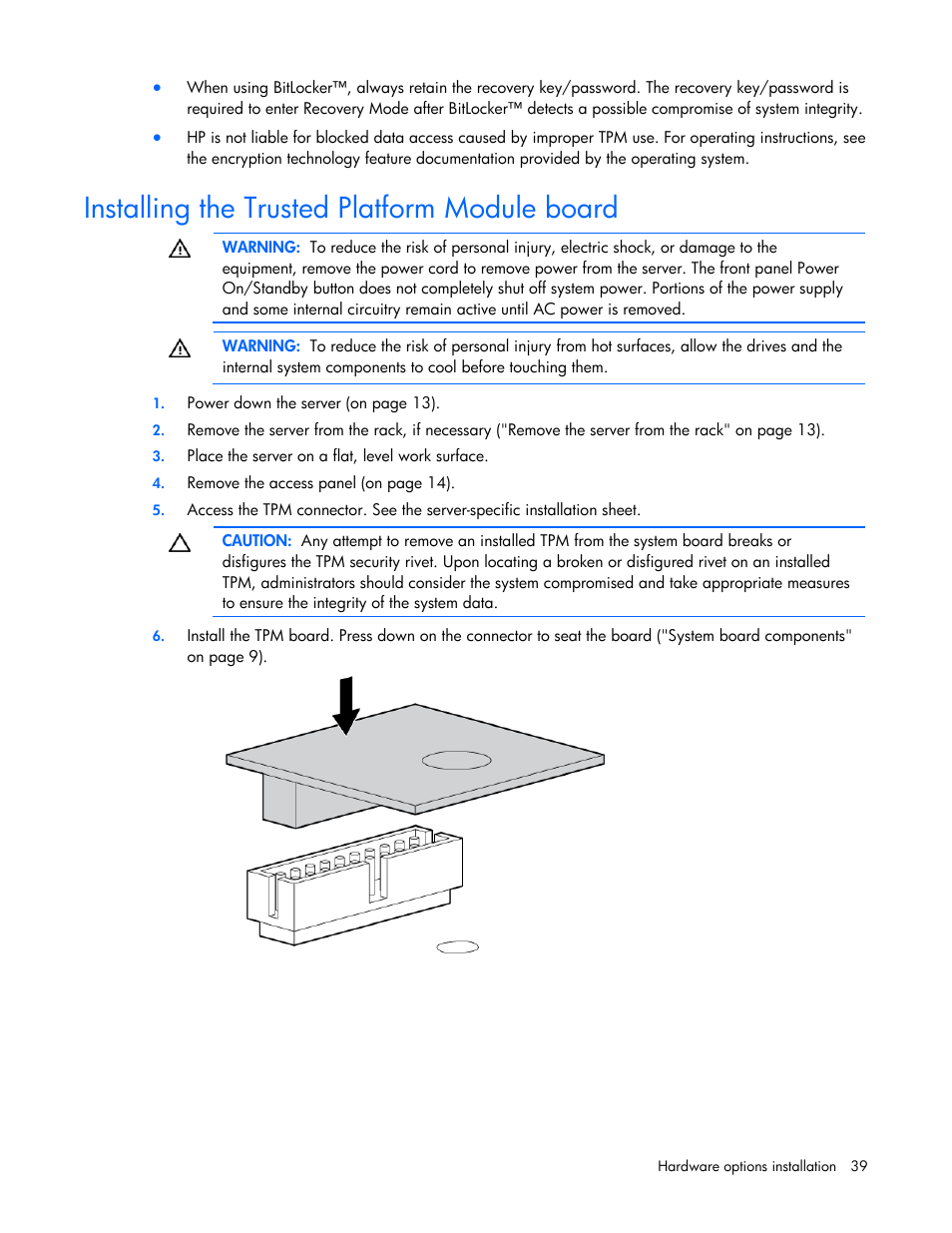 Installing the trusted platform module board | HP ProLiant DL100 Series Server DL100 Series User Manual | Page 39 / 109