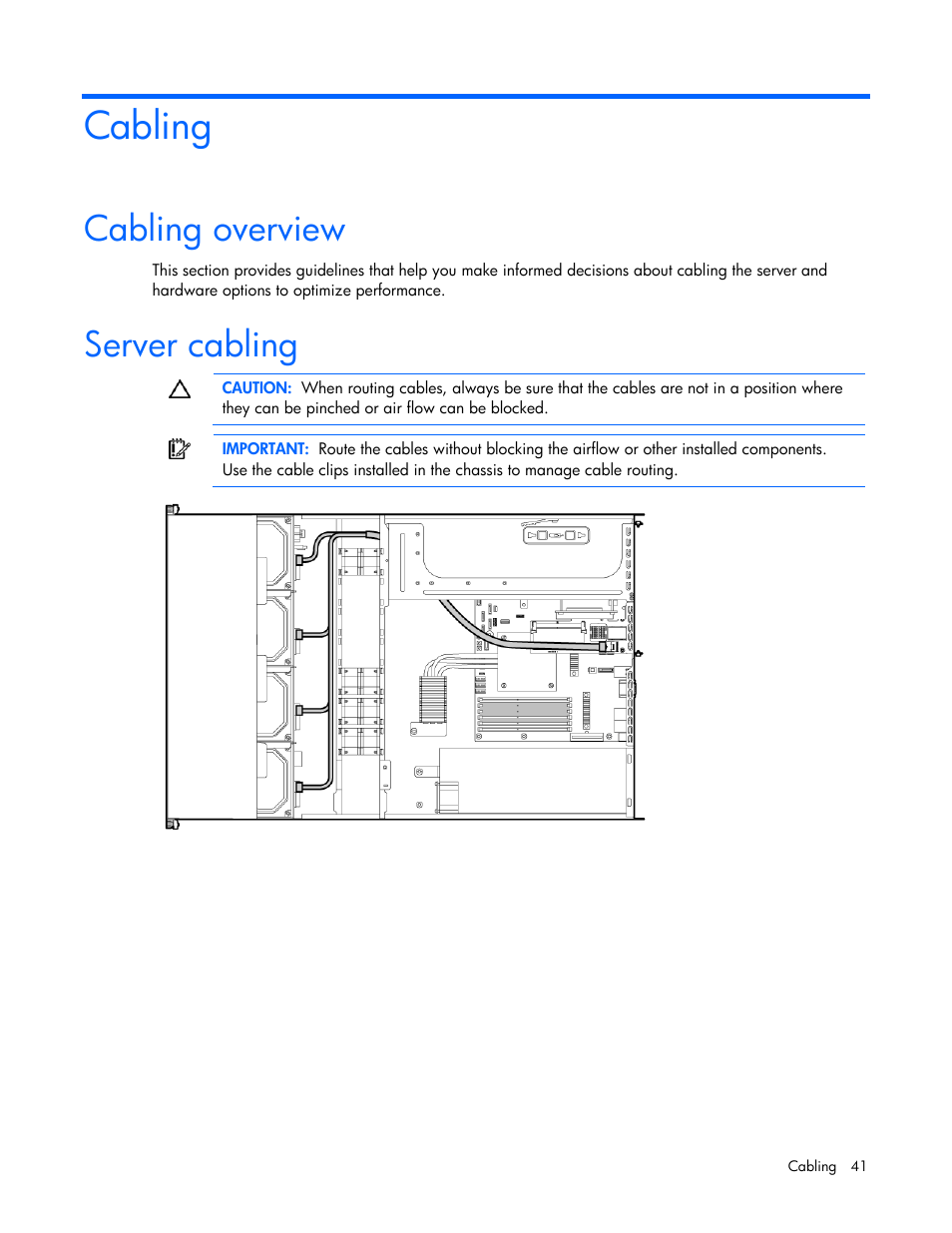 Cabling, Cabling overview, Server cabling | Cabling overview server cabling | HP ProLiant DL100 Series Server DL100 Series User Manual | Page 41 / 109