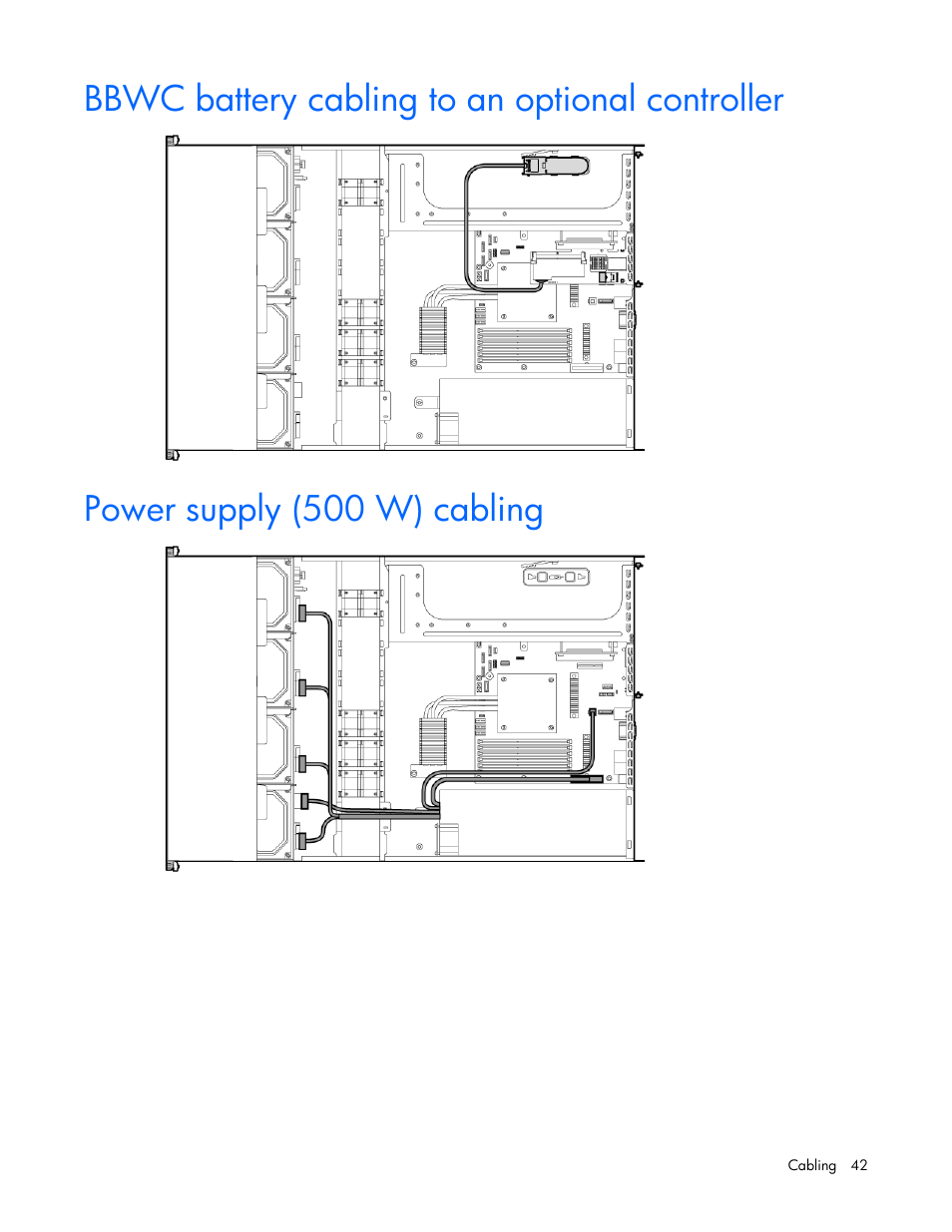 Bbwc battery cabling to an optional controller, Power supply (500 w) cabling | HP ProLiant DL100 Series Server DL100 Series User Manual | Page 42 / 109