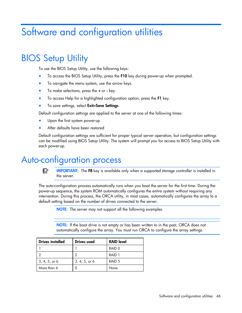 Software and configuration utilities, Bios setup utility, Auto-configuration process | Bios setup utility auto-configuration process | HP ProLiant DL100 Series Server DL100 Series User Manual | Page 46 / 109