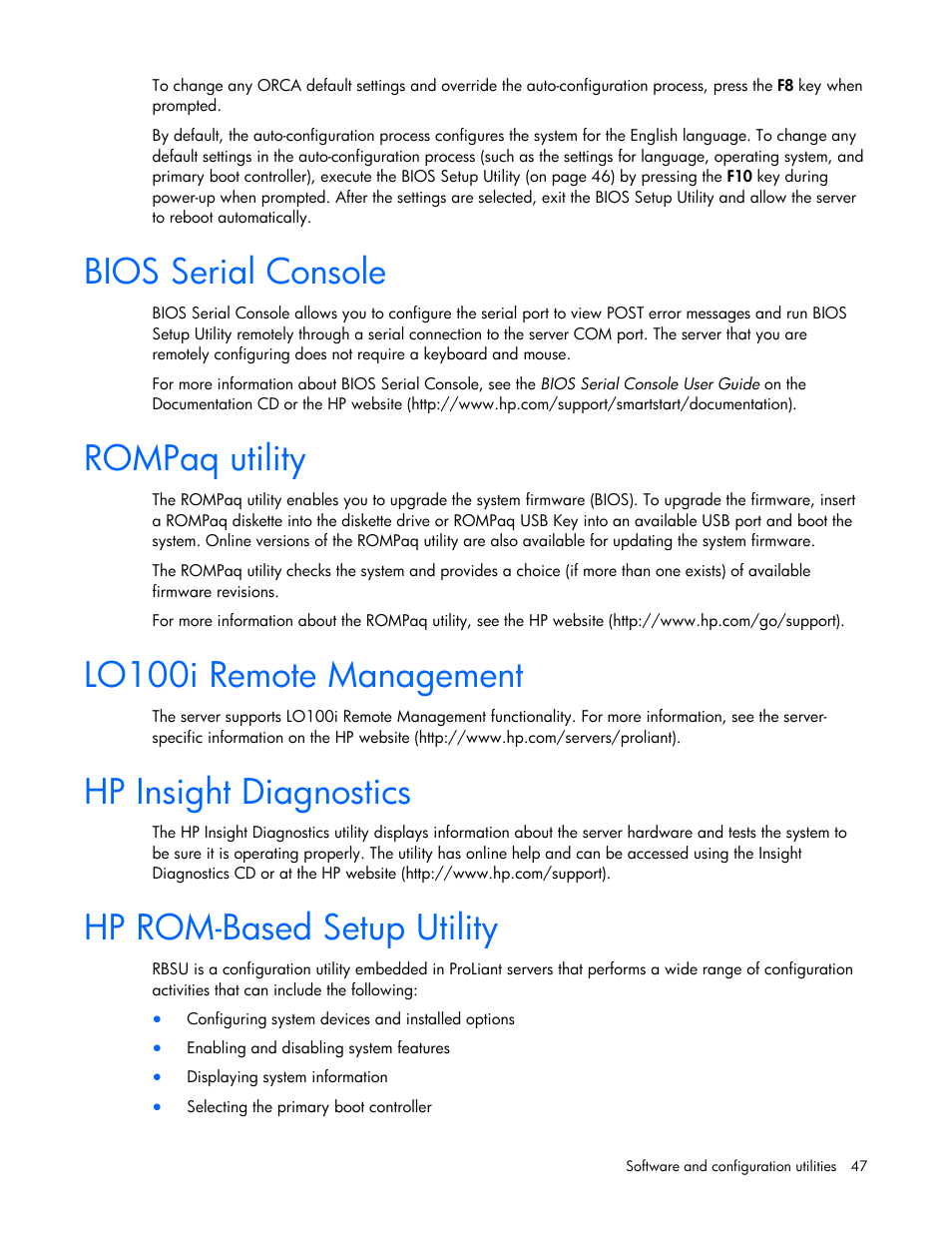 Bios serial console, Rompaq utility, Lo100i remote management | Hp insight diagnostics, Hp rom-based setup utility, Bios, Hp in, Hp r, Serial console, Paq utility | HP ProLiant DL100 Series Server DL100 Series User Manual | Page 47 / 109