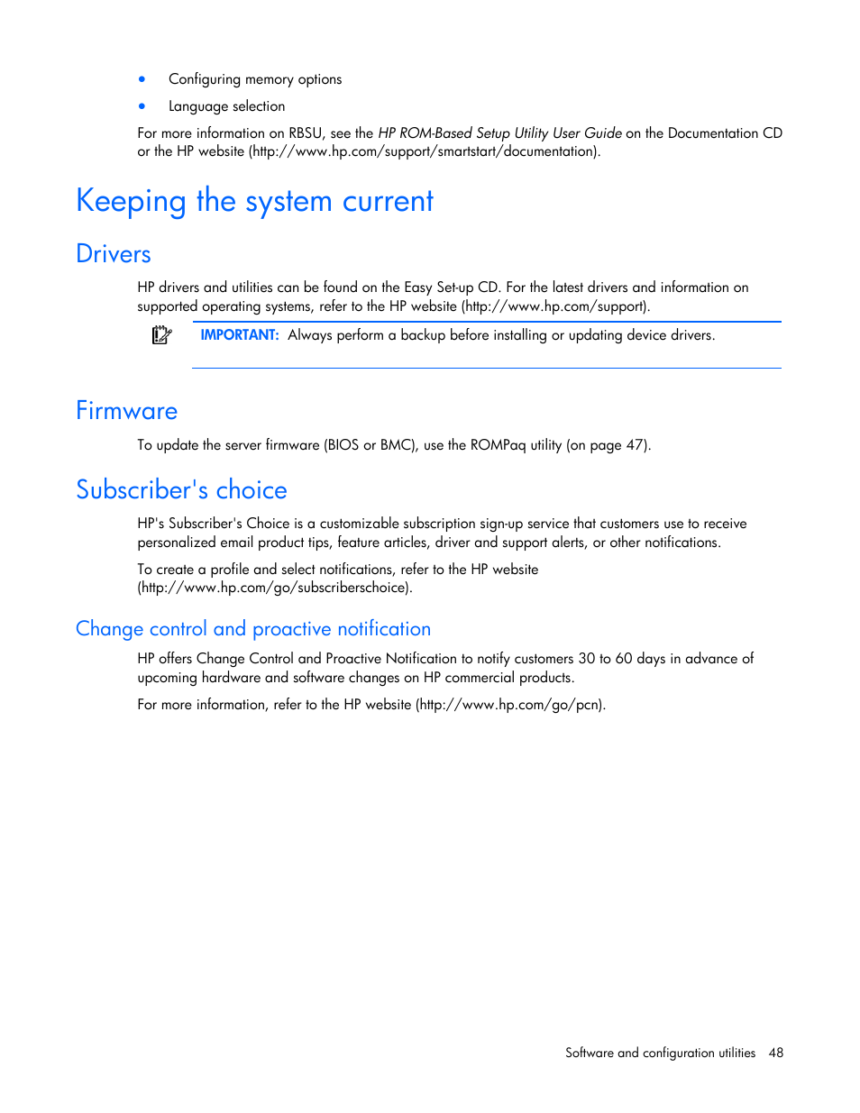 Keeping the system current, Drivers, Firmware | Subscriber's choice, Change control and proactive notification, Drivers firmware subscriber's choice, G the system current, Keepin, Drive, Subsc | HP ProLiant DL100 Series Server DL100 Series User Manual | Page 48 / 109