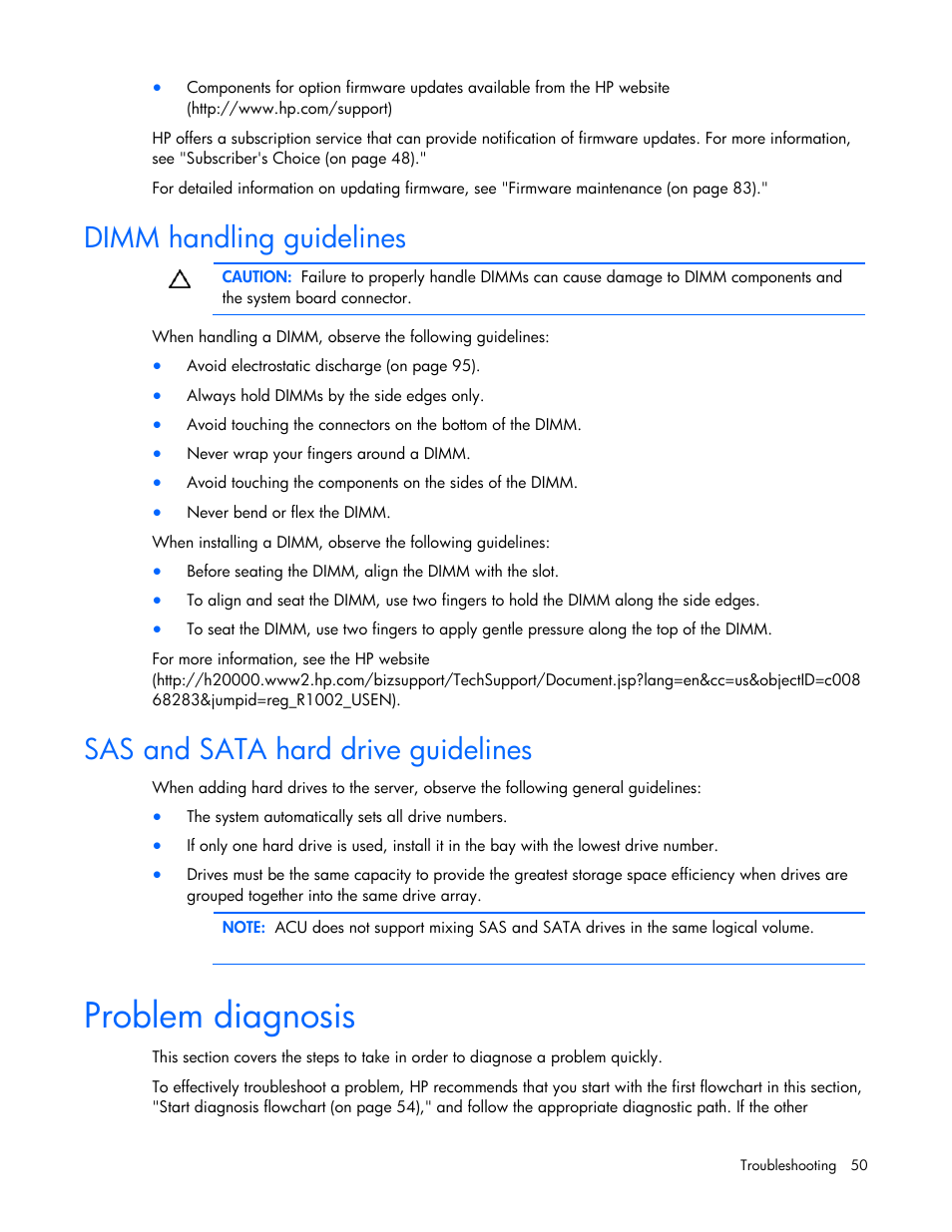 Dimm handling guidelines, Sas and sata hard drive guidelines, Problem diagnosis | Prob, Lem diagnosis | HP ProLiant DL100 Series Server DL100 Series User Manual | Page 50 / 109