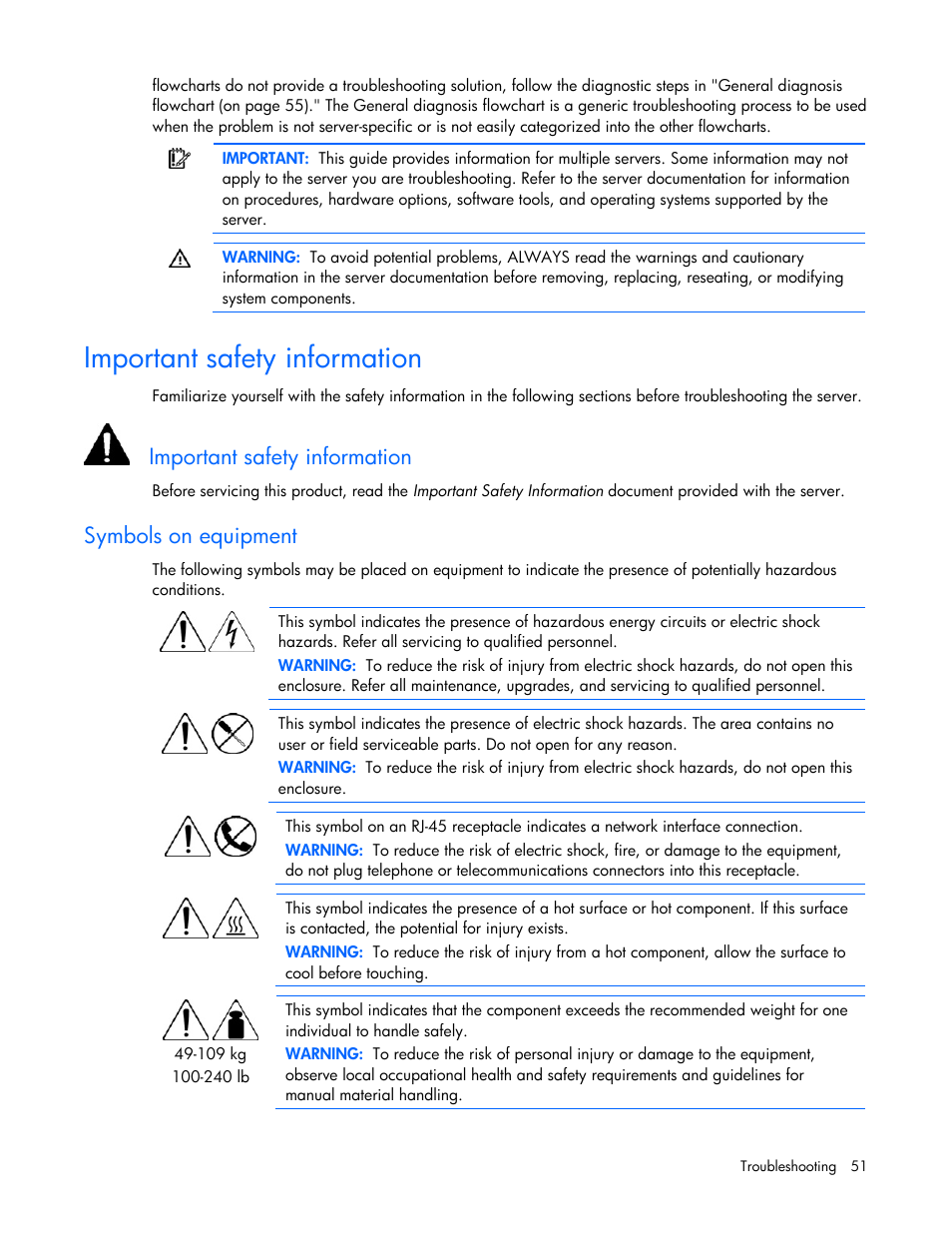 Important safety information, Symbols on equipment | HP ProLiant DL100 Series Server DL100 Series User Manual | Page 51 / 109