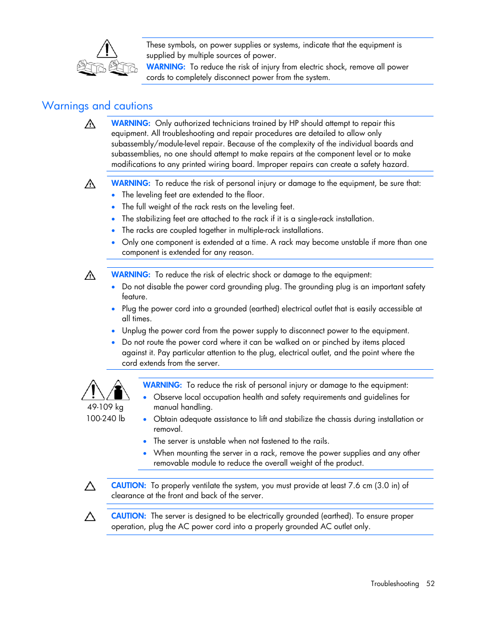 Warnings and cautions | HP ProLiant DL100 Series Server DL100 Series User Manual | Page 52 / 109
