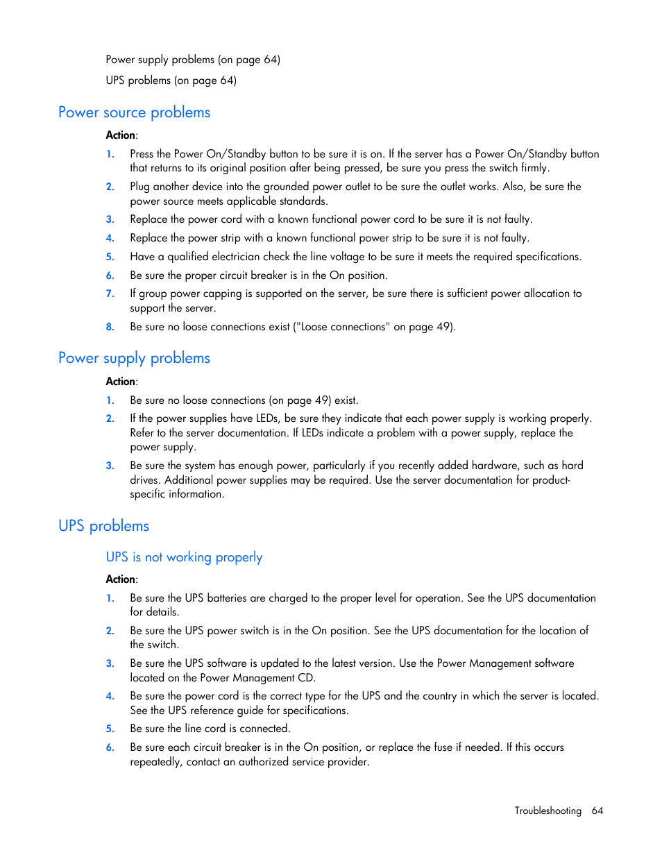 Power source problems, Power supply problems, Ups problems | HP ProLiant DL100 Series Server DL100 Series User Manual | Page 64 / 109