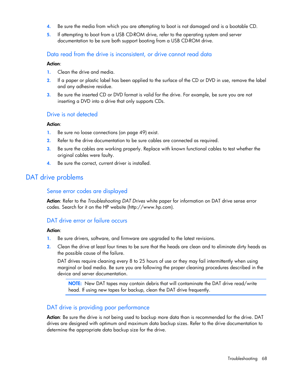 Dat drive problems | HP ProLiant DL100 Series Server DL100 Series User Manual | Page 68 / 109