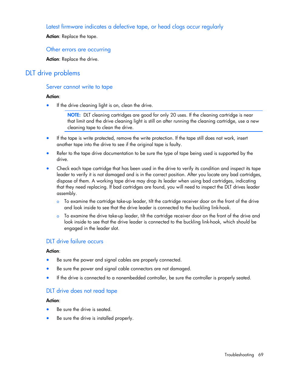 Dlt drive problems | HP ProLiant DL100 Series Server DL100 Series User Manual | Page 69 / 109