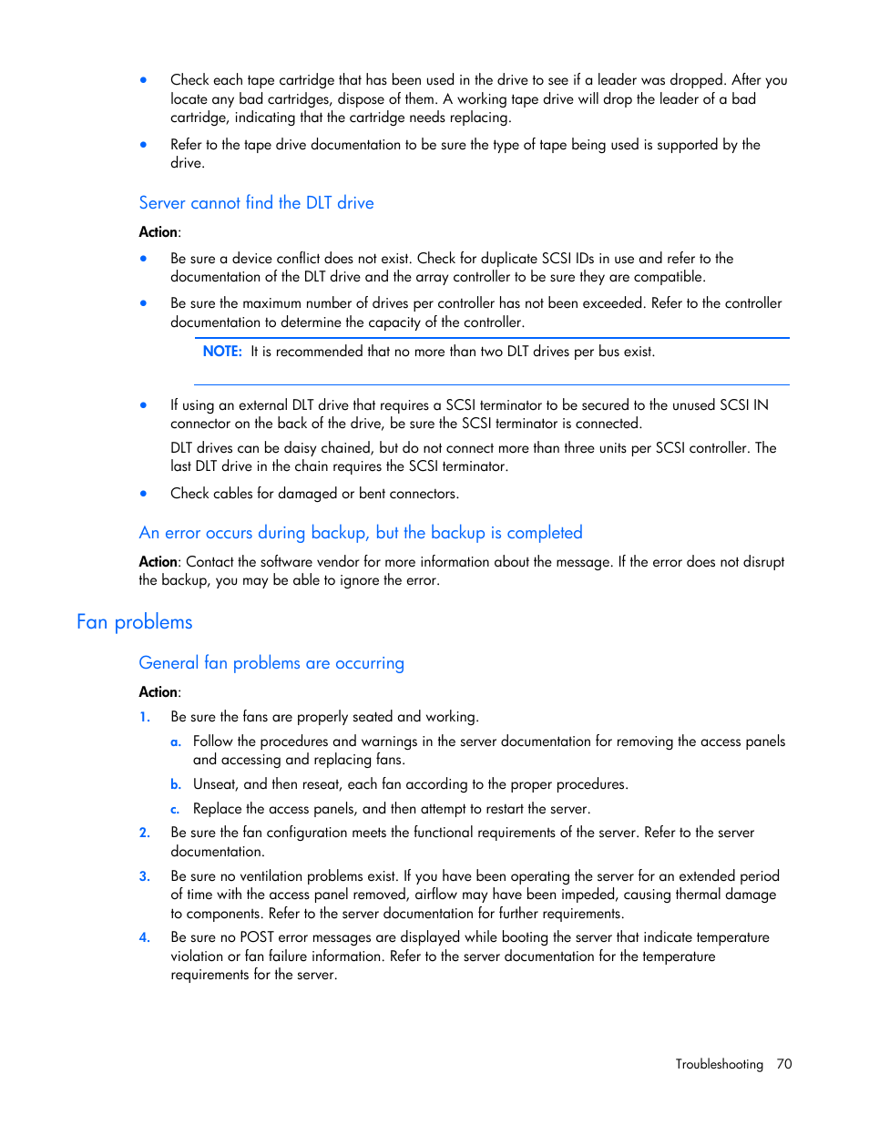 Fan problems | HP ProLiant DL100 Series Server DL100 Series User Manual | Page 70 / 109