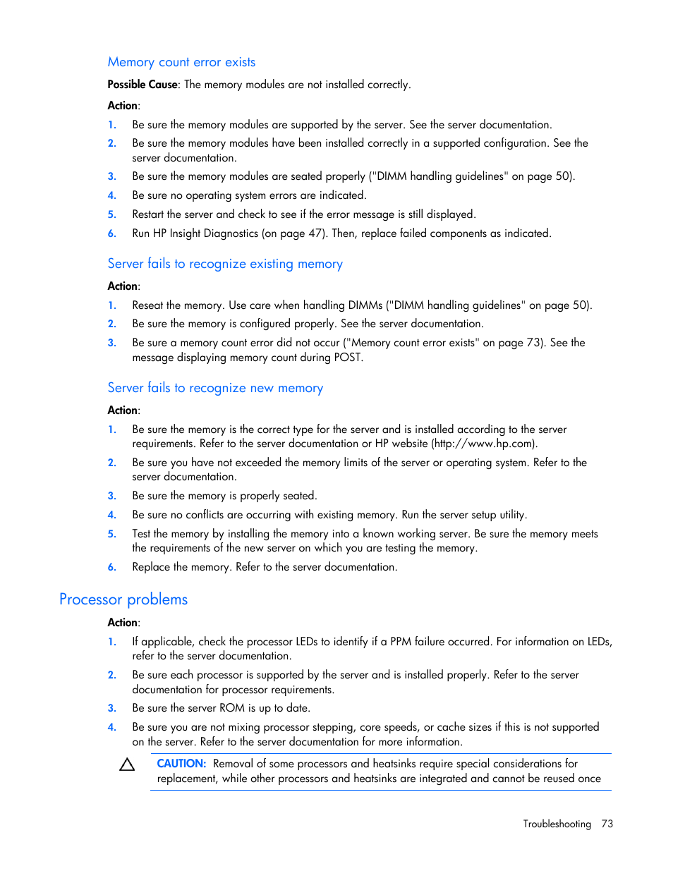 Processor problems | HP ProLiant DL100 Series Server DL100 Series User Manual | Page 73 / 109