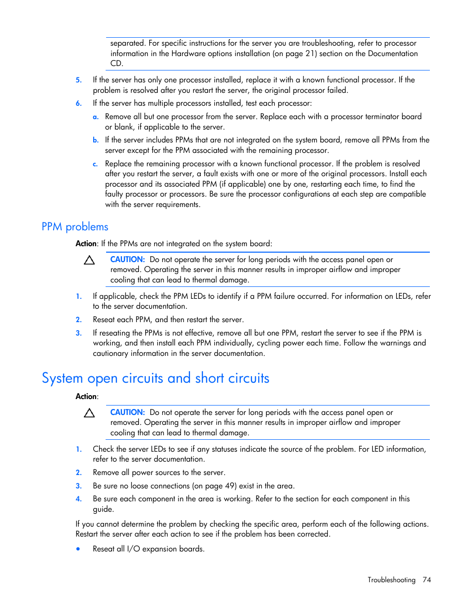 Ppm problems, System open circuits and short circuits, Ge 74) | Ppm pr le, Ob ms | HP ProLiant DL100 Series Server DL100 Series User Manual | Page 74 / 109