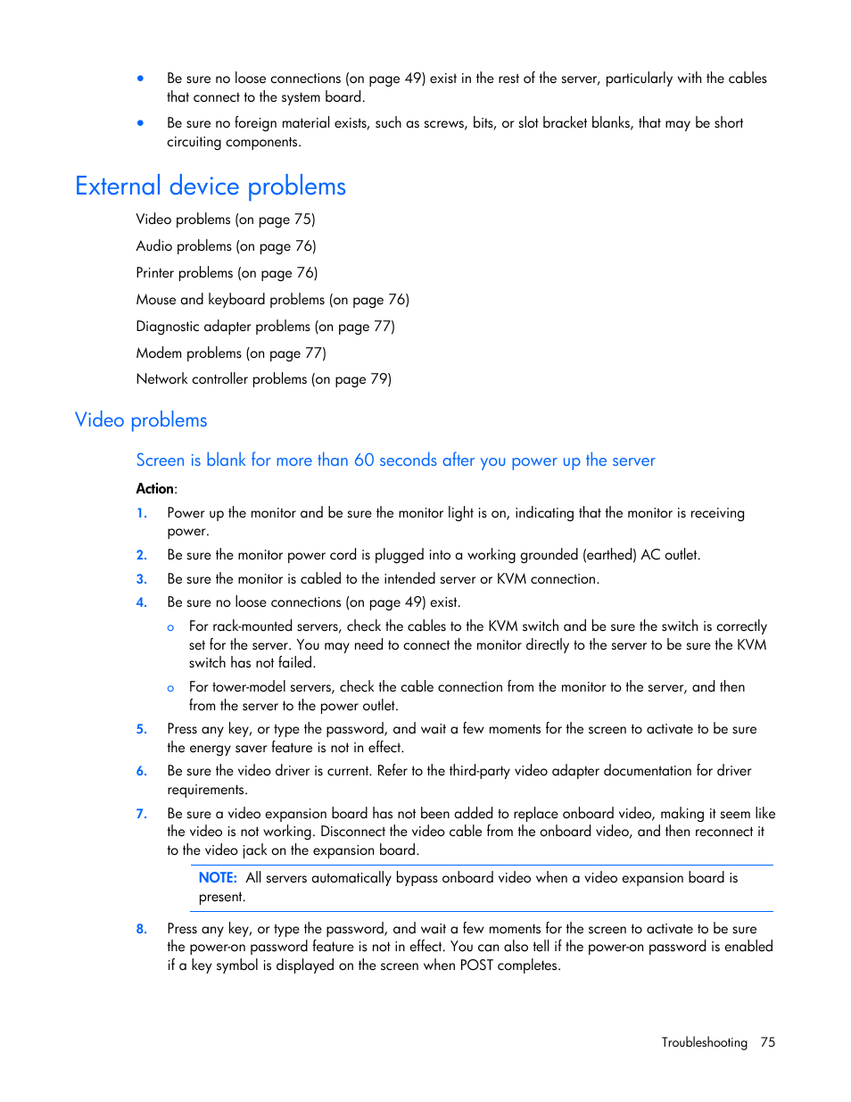 External device problems, Video problems | HP ProLiant DL100 Series Server DL100 Series User Manual | Page 75 / 109