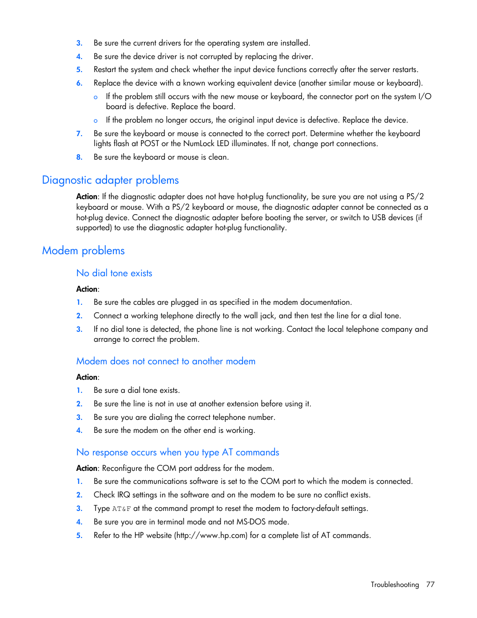 Diagnostic adapter problems, Modem problems, Modem pr | Oblems | HP ProLiant DL100 Series Server DL100 Series User Manual | Page 77 / 109